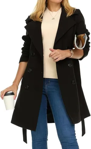 chouyatou Women's Winter Double Breasted Wool Coat Notch Collared Wool Blend Trench Pea Coat with Belt