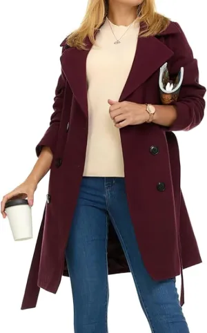 chouyatou Women's Winter Double Breasted Wool Coat Notch Collared Wool Blend Trench Pea Coat with Belt