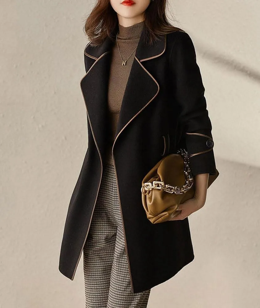 chouyatou Women's Winter Elegant Lapel Open Front Wool Coat Wool Blend Trench Pea Coat with Belt