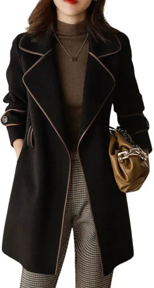 chouyatou Women's Winter Elegant Lapel Open Front Wool Coat Wool Blend Trench Pea Coat with Belt