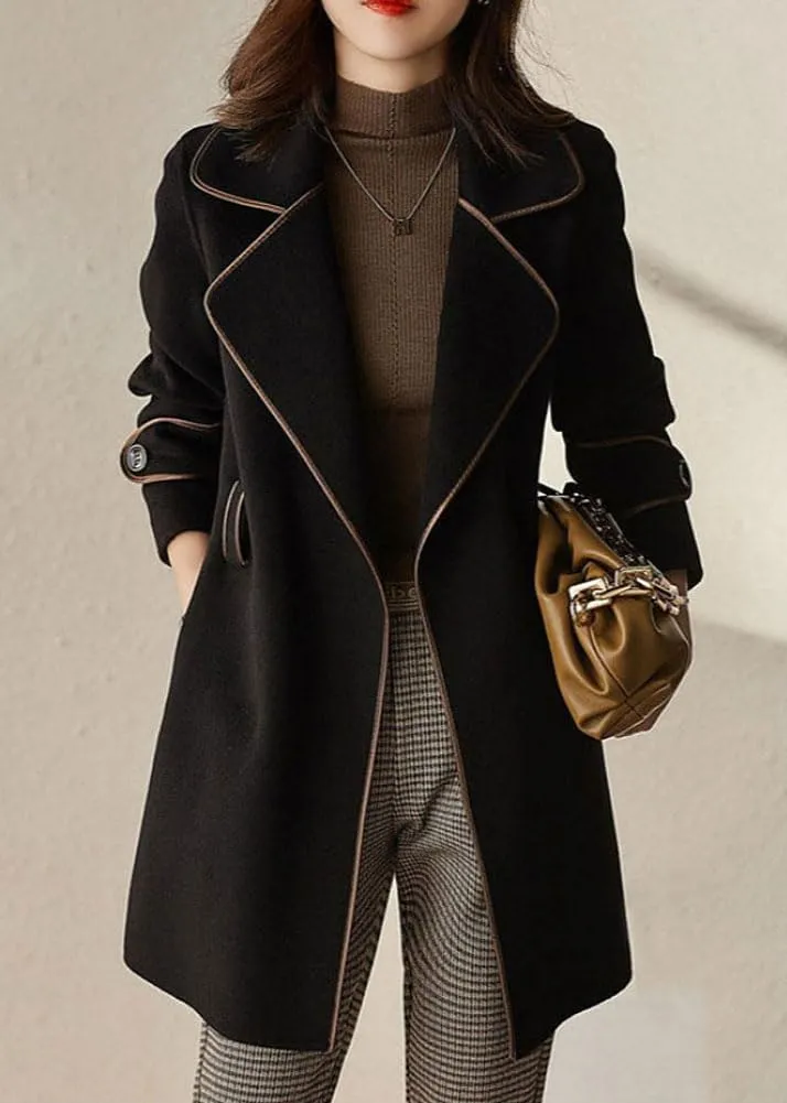 chouyatou Women's Winter Elegant Lapel Open Front Wool Coat Wool Blend Trench Pea Coat with Belt