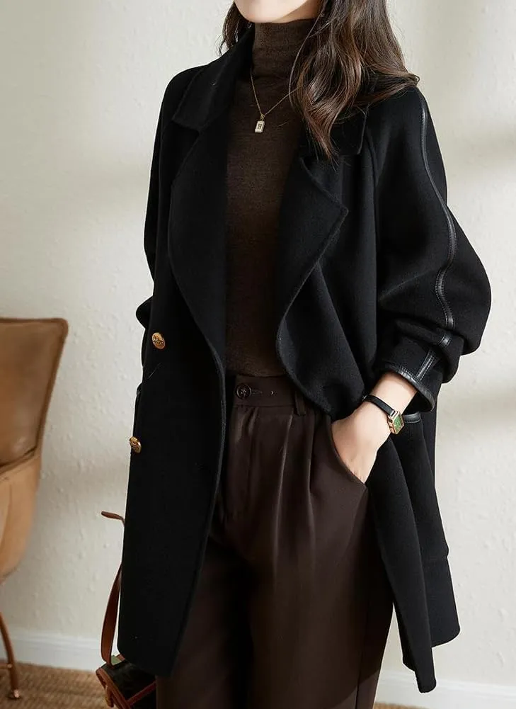 chouyatou Women's Winter Elegant Notch Lapel Wool Coat Double Breasted Wool Blend Trench Pea Coat