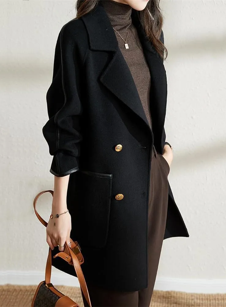 chouyatou Women's Winter Elegant Notch Lapel Wool Coat Double Breasted Wool Blend Trench Pea Coat