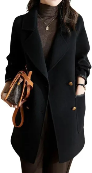 chouyatou Women's Winter Elegant Notch Lapel Wool Coat Double Breasted Wool Blend Trench Pea Coat