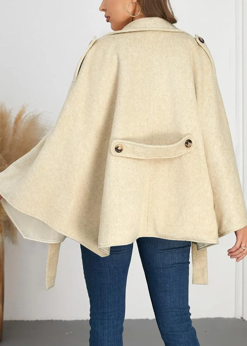 chouyatou Women's Winter Poncho Wool Coat Double Breasted Casual Loose Wool Blend Cape Cloak Coat
