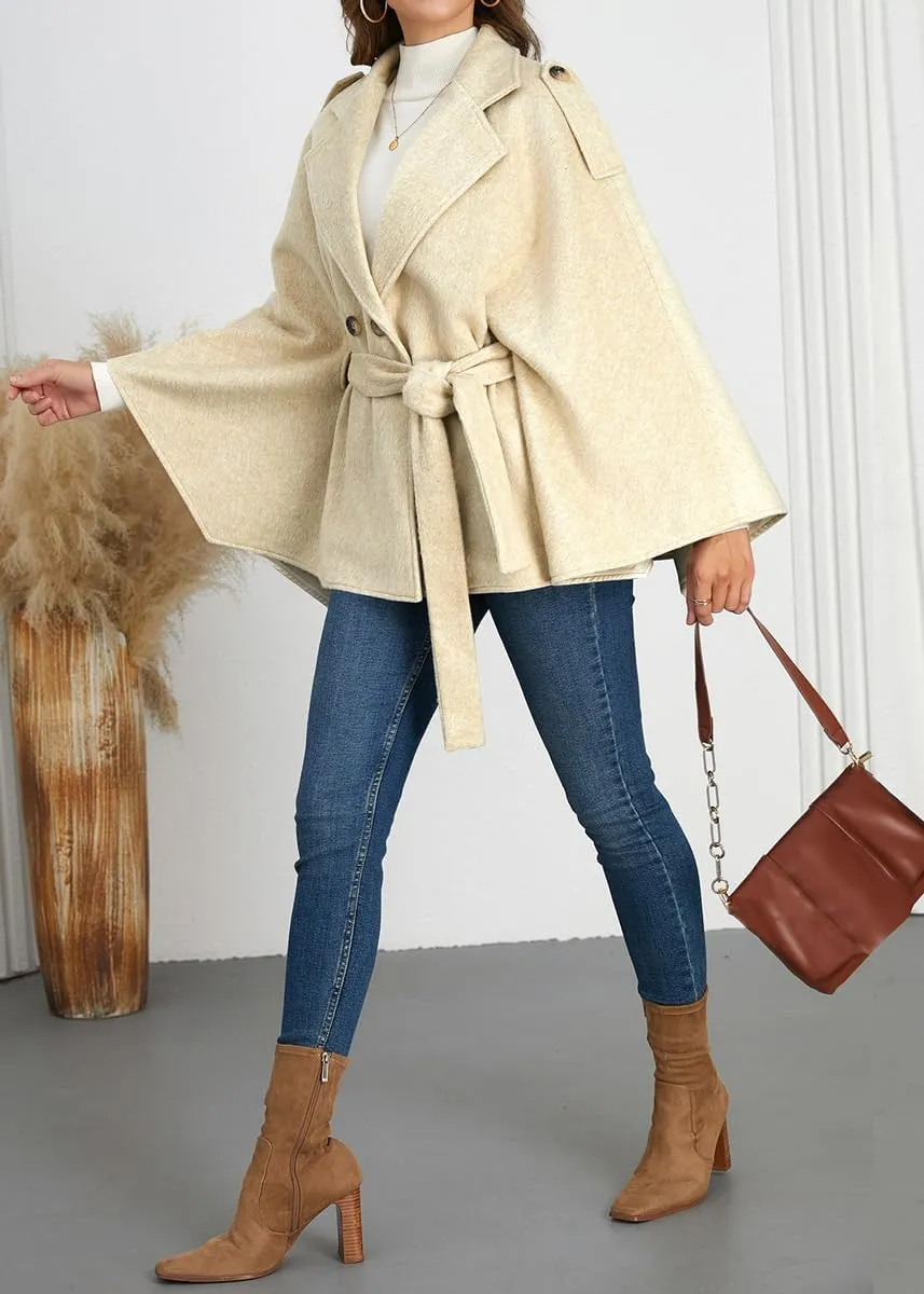chouyatou Women's Winter Poncho Wool Coat Double Breasted Casual Loose Wool Blend Cape Cloak Coat