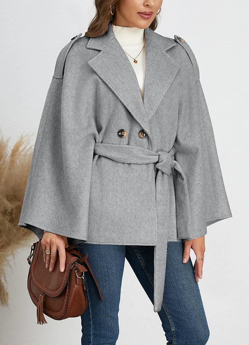 chouyatou Women's Winter Poncho Wool Coat Double Breasted Casual Loose Wool Blend Cape Cloak Coat