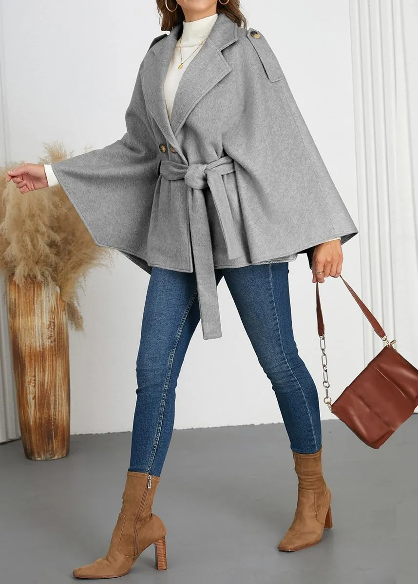 chouyatou Women's Winter Poncho Wool Coat Double Breasted Casual Loose Wool Blend Cape Cloak Coat