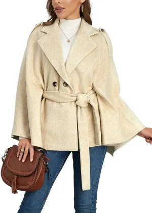 chouyatou Women's Winter Poncho Wool Coat Double Breasted Casual Loose Wool Blend Cape Cloak Coat