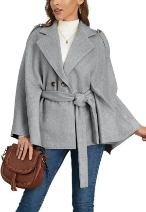 chouyatou Women's Winter Poncho Wool Coat Double Breasted Casual Loose Wool Blend Cape Cloak Coat