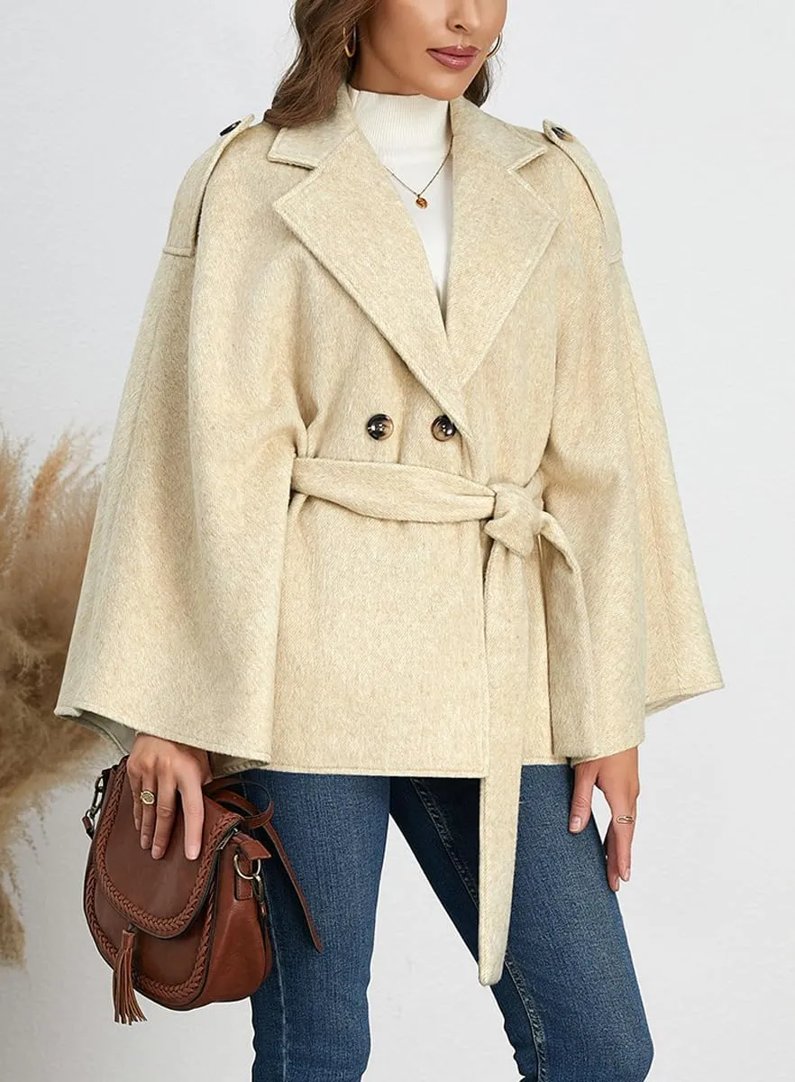 chouyatou Women's Winter Poncho Wool Coat Double Breasted Casual Loose Wool Blend Cape Cloak Coat