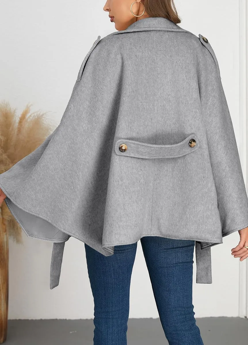chouyatou Women's Winter Poncho Wool Coat Double Breasted Casual Loose Wool Blend Cape Cloak Coat
