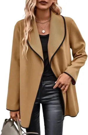 chouyatou Women's Winter Shawl Collar Wool Coat Open Front Wool Blend Pea Trench Coat