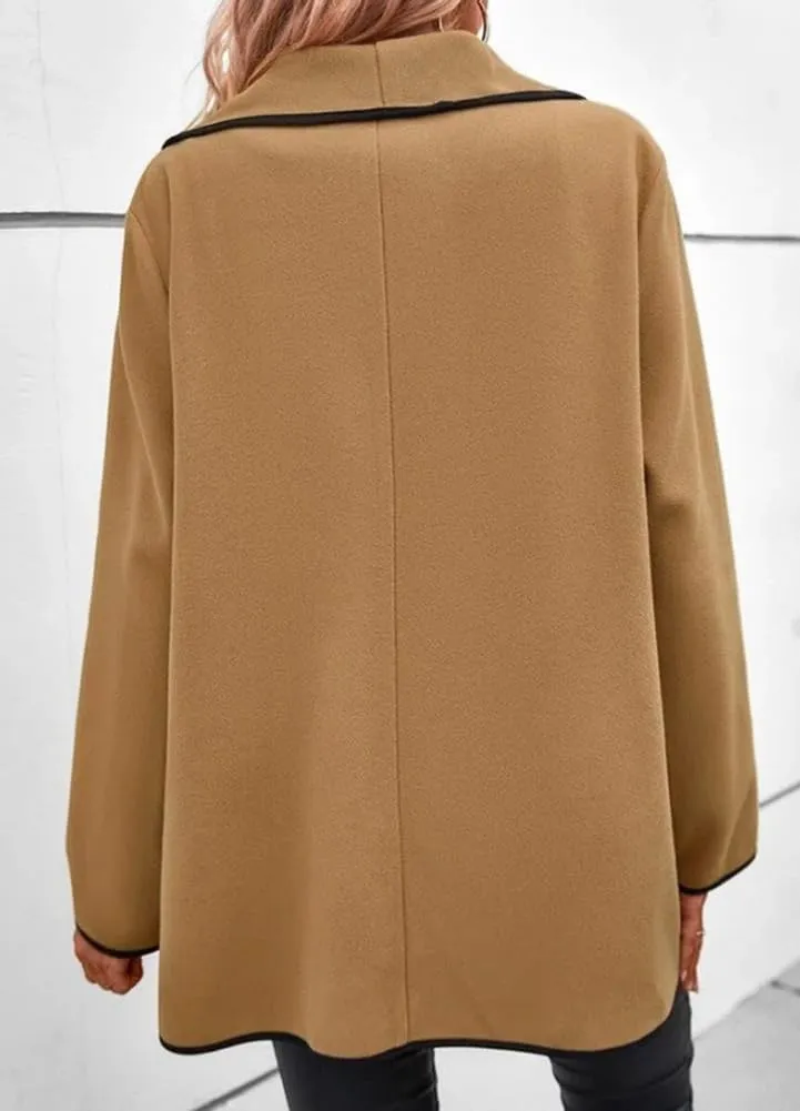 chouyatou Women's Winter Shawl Collar Wool Coat Open Front Wool Blend Pea Trench Coat