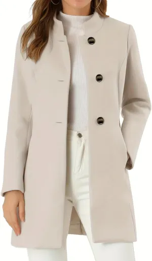 chouyatou Women's Winter Stand Collar Wool Coat Business Casual Single Breasted Wool Blend Trench Coat