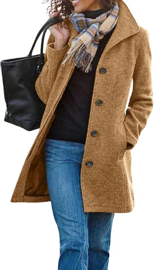 chouyatou Women's Winter Wool Blend Pea Coat Single Breasted Stand Collar Casual Trench Coat Overcoat