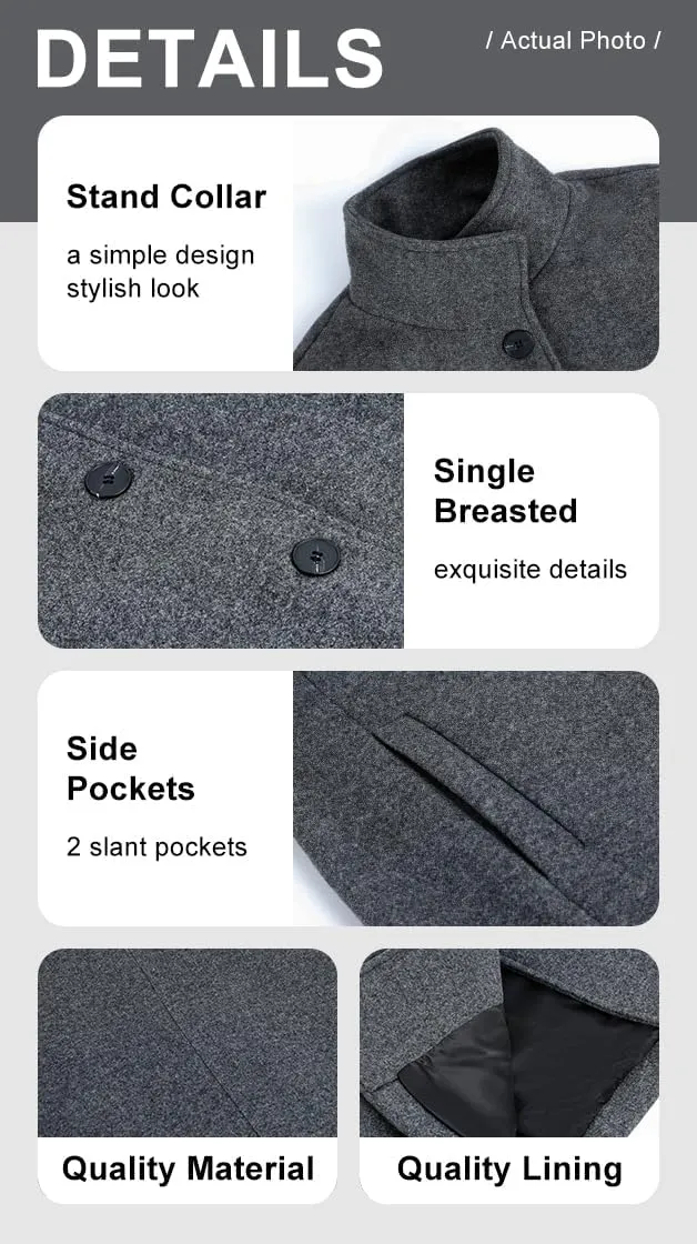 chouyatou Women's Winter Wool Blend Pea Coat Single Breasted Stand Collar Casual Trench Coat Overcoat
