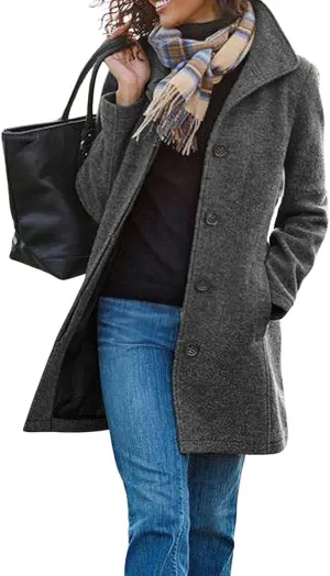 chouyatou Women's Winter Wool Blend Pea Coat Single Breasted Stand Collar Casual Trench Coat Overcoat
