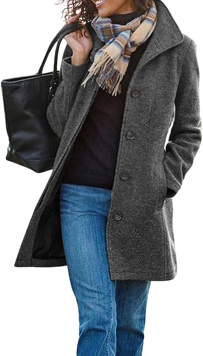 chouyatou Women's Winter Wool Blend Pea Coat Single Breasted Stand Collar Casual Trench Coat Overcoat
