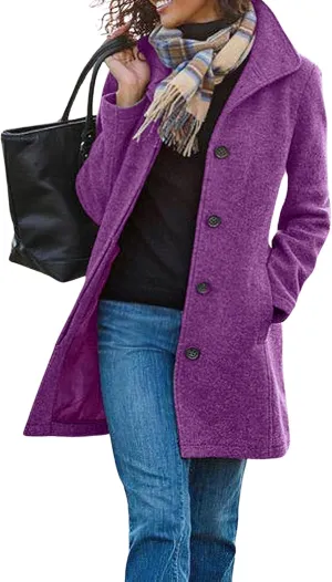 chouyatou Women's Winter Wool Blend Pea Coat Single Breasted Stand Collar Casual Trench Coat Overcoat