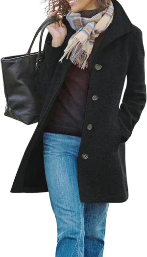 chouyatou Women's Winter Wool Blend Pea Coat Single Breasted Stand Collar Casual Trench Coat Overcoat