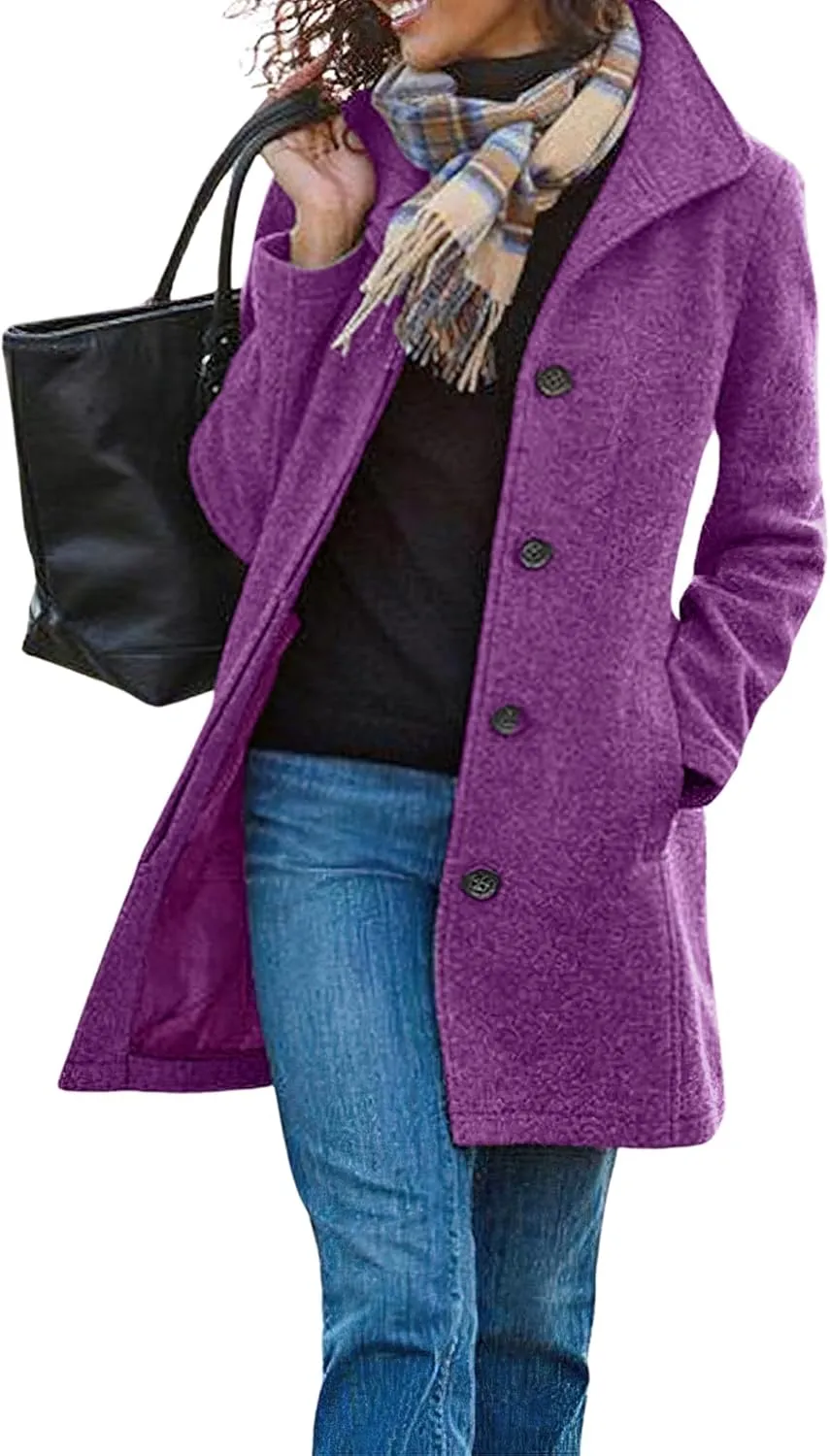 chouyatou Women's Winter Wool Blend Pea Coat Single Breasted Stand Collar Casual Trench Coat Overcoat