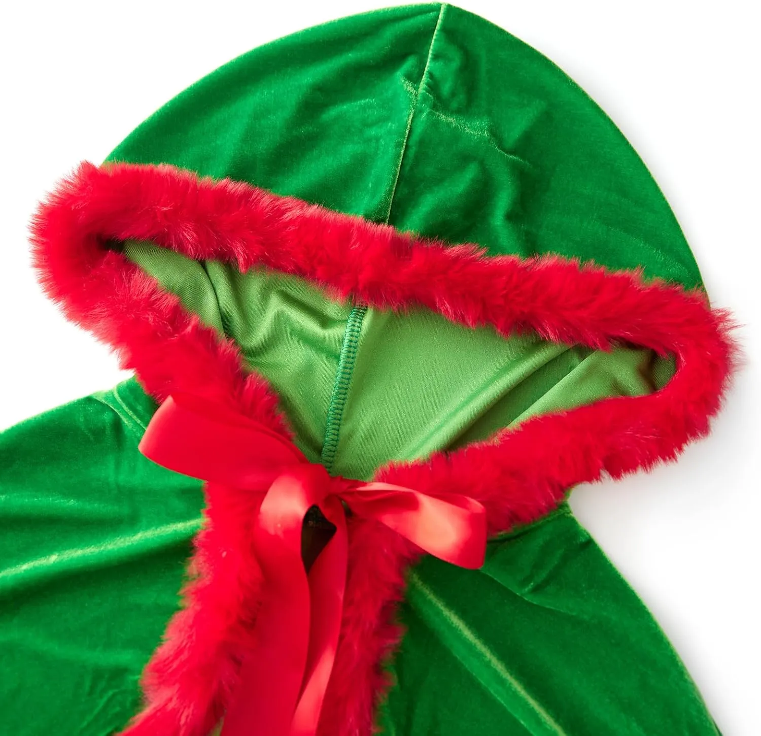 Christmas Velvet Cape with Hood for Women Contrast Color Fuzzy Trim Shawl Cloak Poncho Coat Mrs Santa Claus Costume