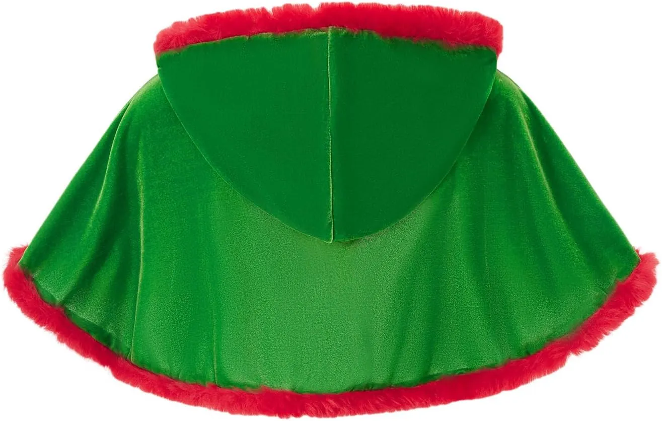 Christmas Velvet Cape with Hood for Women Contrast Color Fuzzy Trim Shawl Cloak Poncho Coat Mrs Santa Claus Costume