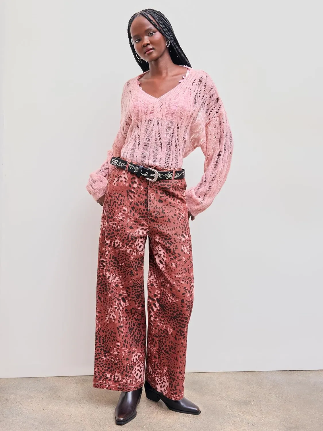 CIDER Denim Mid Waist Leopard Wide Leg Pants