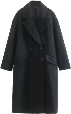 Coats for Women Casual Notched Lapel Collar Double-Breasted Winter Trench Coat Elegant Solid Long Sleeve Wool Coat