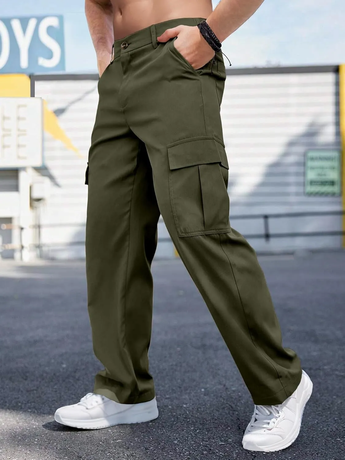 Comdecevis Mens Casual Cargo Pants Baggy Straight Leg Sweatpants with Large Flap Pockets Hiking Sports Trousers