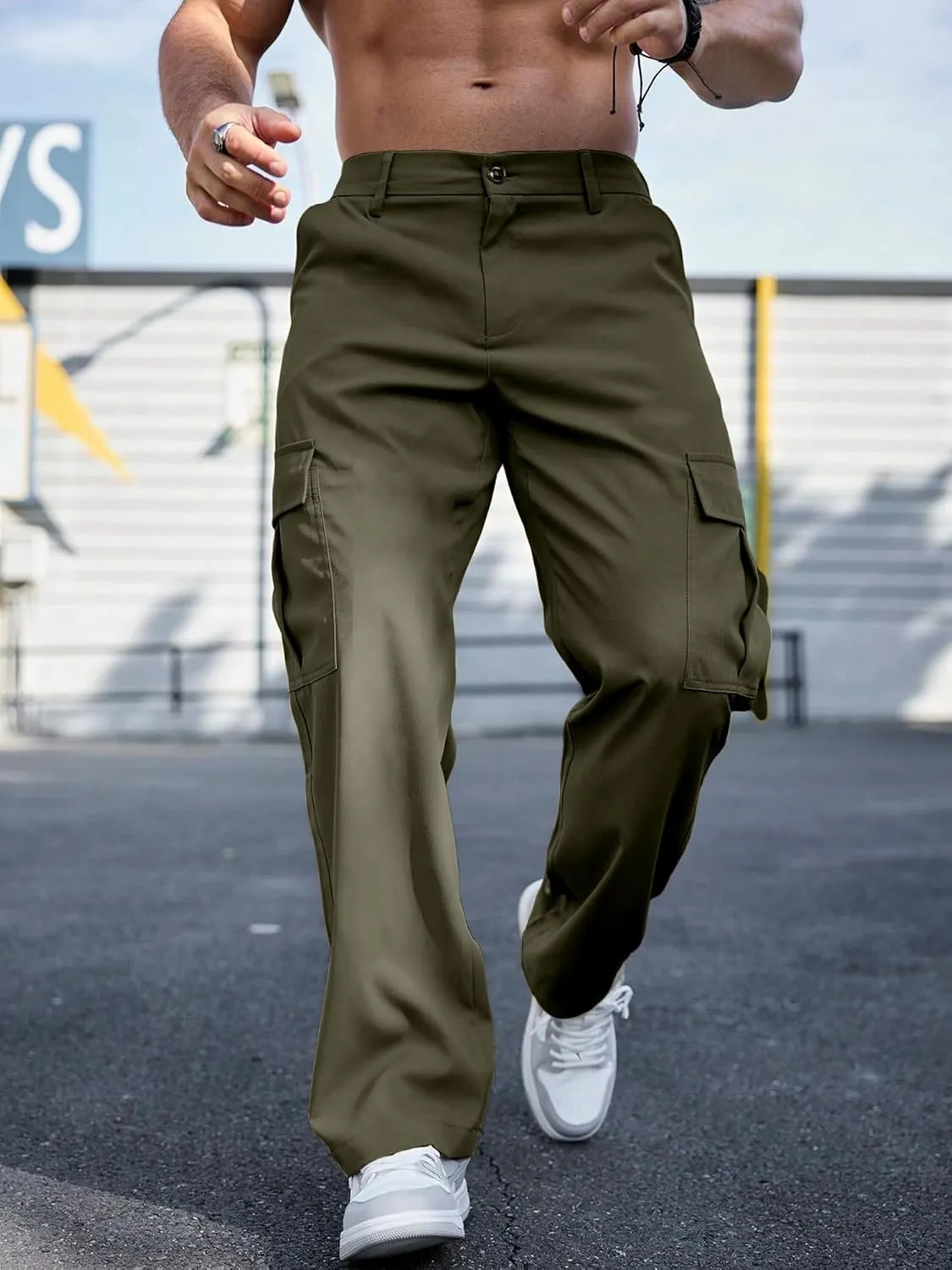 Comdecevis Mens Casual Cargo Pants Baggy Straight Leg Sweatpants with Large Flap Pockets Hiking Sports Trousers