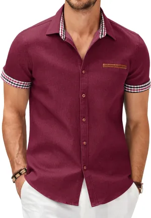 COOFANDY Men's Casual Cotton Short Sleeve Button Down Dress Shirt Plaid Collar Denim Work Shirts