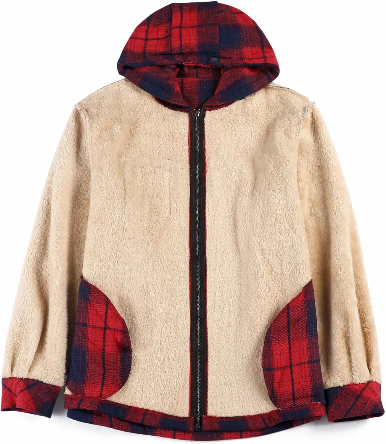 COOFANDY Men's Flannel Fleece Jacket Sherpa Lined Shirt Jacket Plaid Zip Up Hoodie Soft Warm Coat with Hood