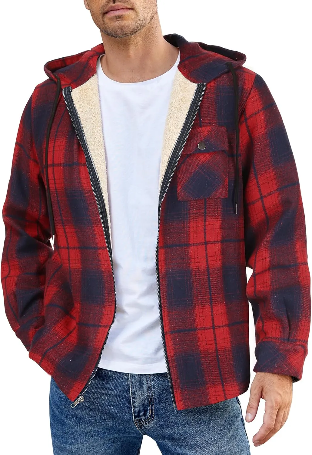 COOFANDY Men's Flannel Fleece Jacket Sherpa Lined Shirt Jacket Plaid Zip Up Hoodie Soft Warm Coat with Hood