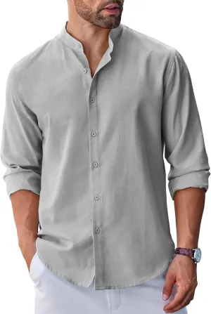 COOFANDY Men's Long Sleeve Oxford Dress Shirts Chambray Button Down Shirt Casual Band Collar Shirts
