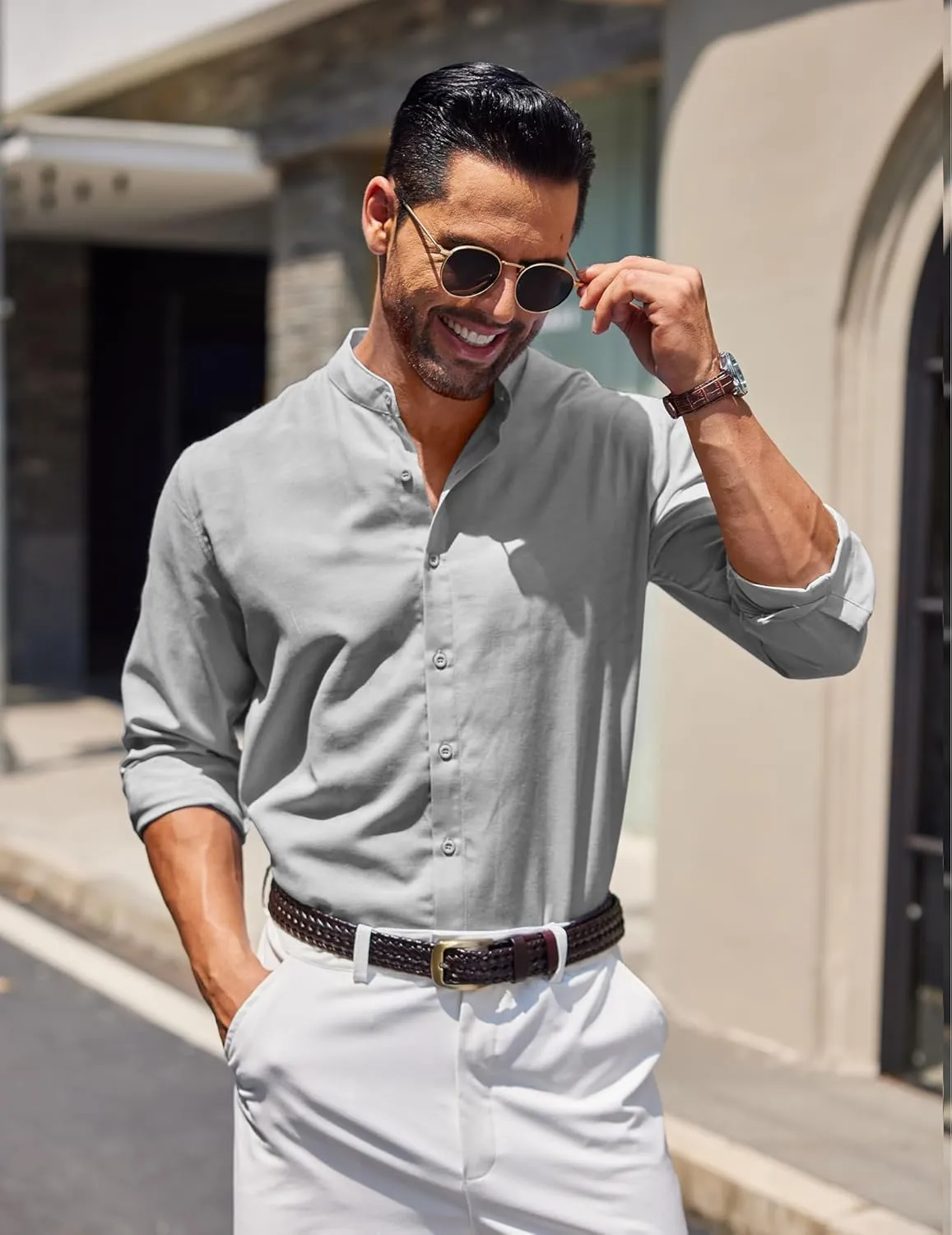 COOFANDY Men's Long Sleeve Oxford Dress Shirts Chambray Button Down Shirt Casual Band Collar Shirts