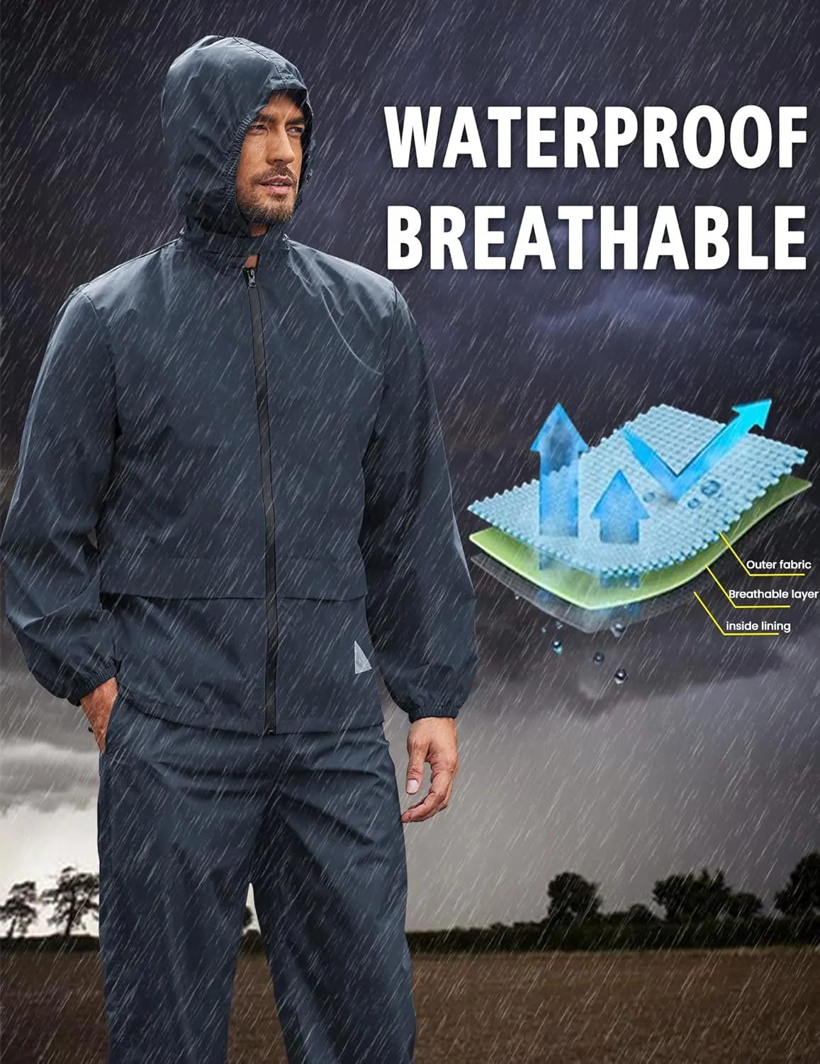 COOFANDY Men's Rain Suit 2 Piece Waterproof Breathable Rain Gear Lightweight Rain Jacket Pants Rainwear Suit