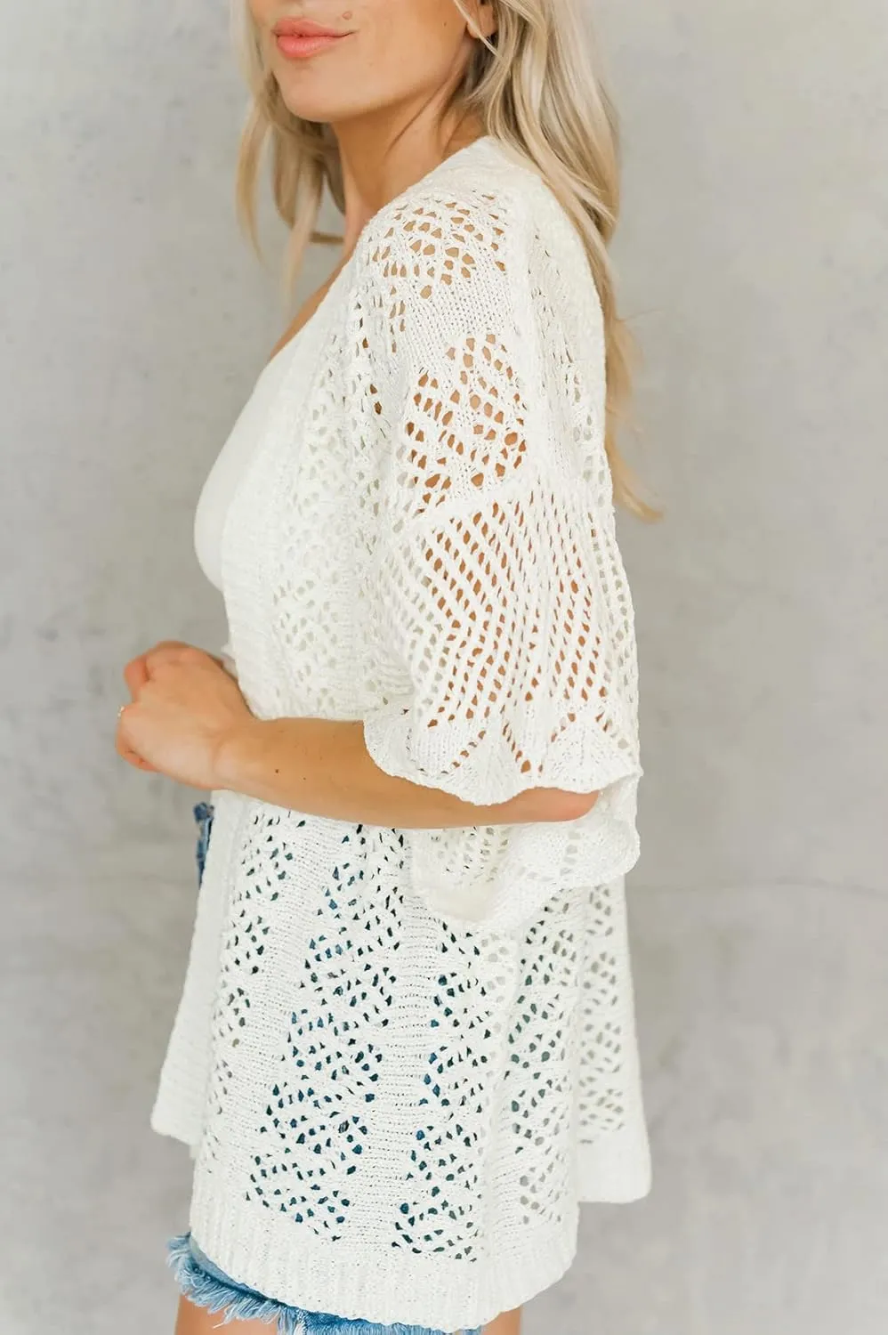 Coololi Women's Crochet Open Front Cardigan 3/4 Bell Sleeve Soft Oversized Knitted Sweater Outerwear Cover Up Coat