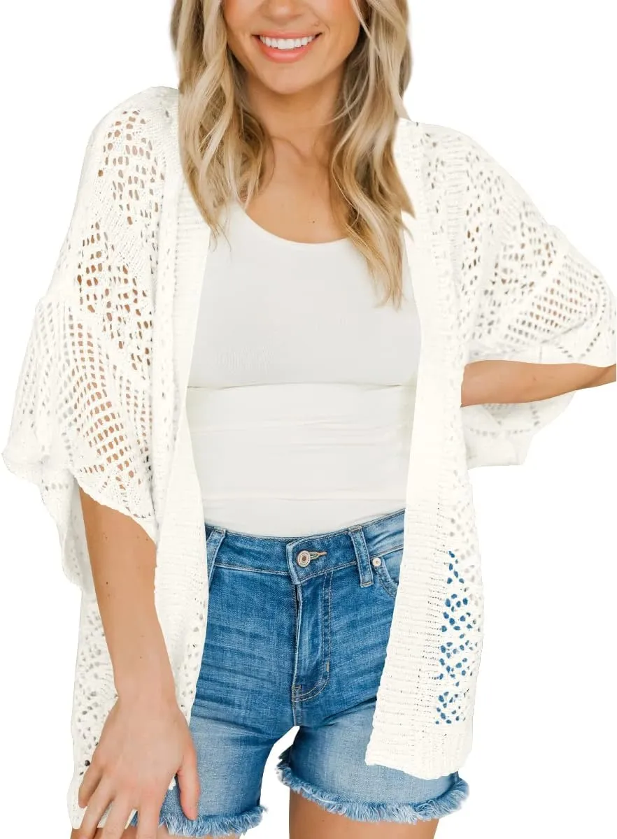 Coololi Women's Crochet Open Front Cardigan 3/4 Bell Sleeve Soft Oversized Knitted Sweater Outerwear Cover Up Coat