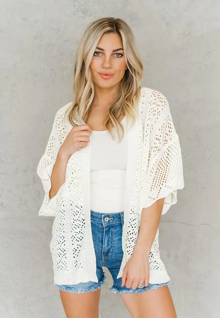 Coololi Women's Crochet Open Front Cardigan 3/4 Bell Sleeve Soft Oversized Knitted Sweater Outerwear Cover Up Coat