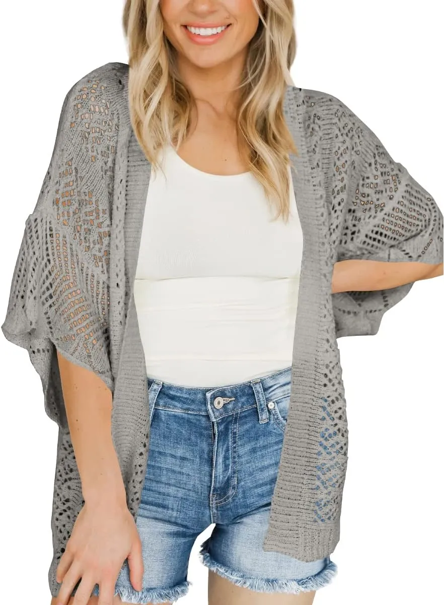 Coololi Women's Crochet Open Front Cardigan 3/4 Bell Sleeve Soft Oversized Knitted Sweater Outerwear Cover Up Coat