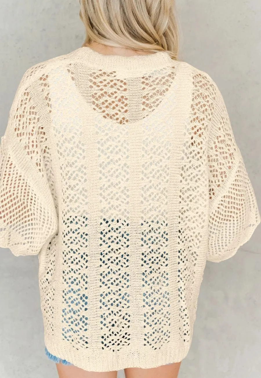 Coololi Women's Crochet Open Front Cardigan 3/4 Bell Sleeve Soft Oversized Knitted Sweater Outerwear Cover Up Coat