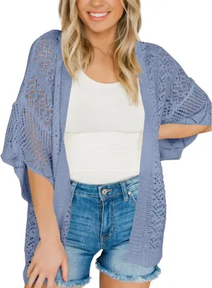 Coololi Women's Crochet Open Front Cardigan 3/4 Bell Sleeve Soft Oversized Knitted Sweater Outerwear Cover Up Coat