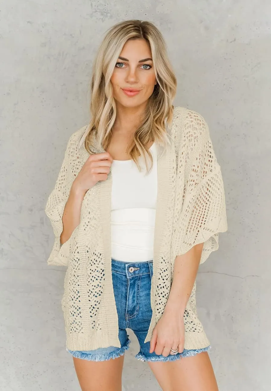 Coololi Women's Crochet Open Front Cardigan 3/4 Bell Sleeve Soft Oversized Knitted Sweater Outerwear Cover Up Coat