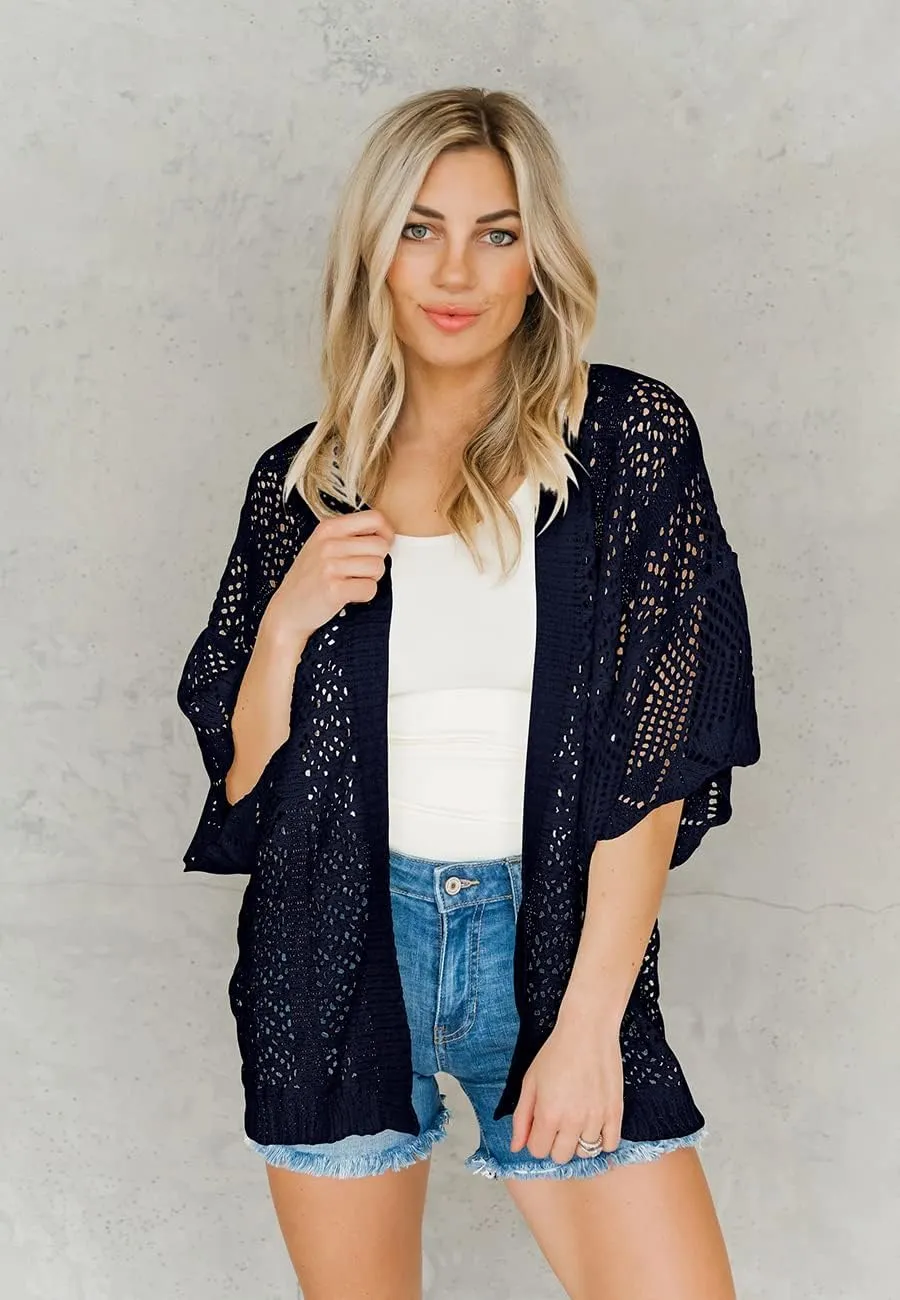 Coololi Women's Crochet Open Front Cardigan 3/4 Bell Sleeve Soft Oversized Knitted Sweater Outerwear Cover Up Coat