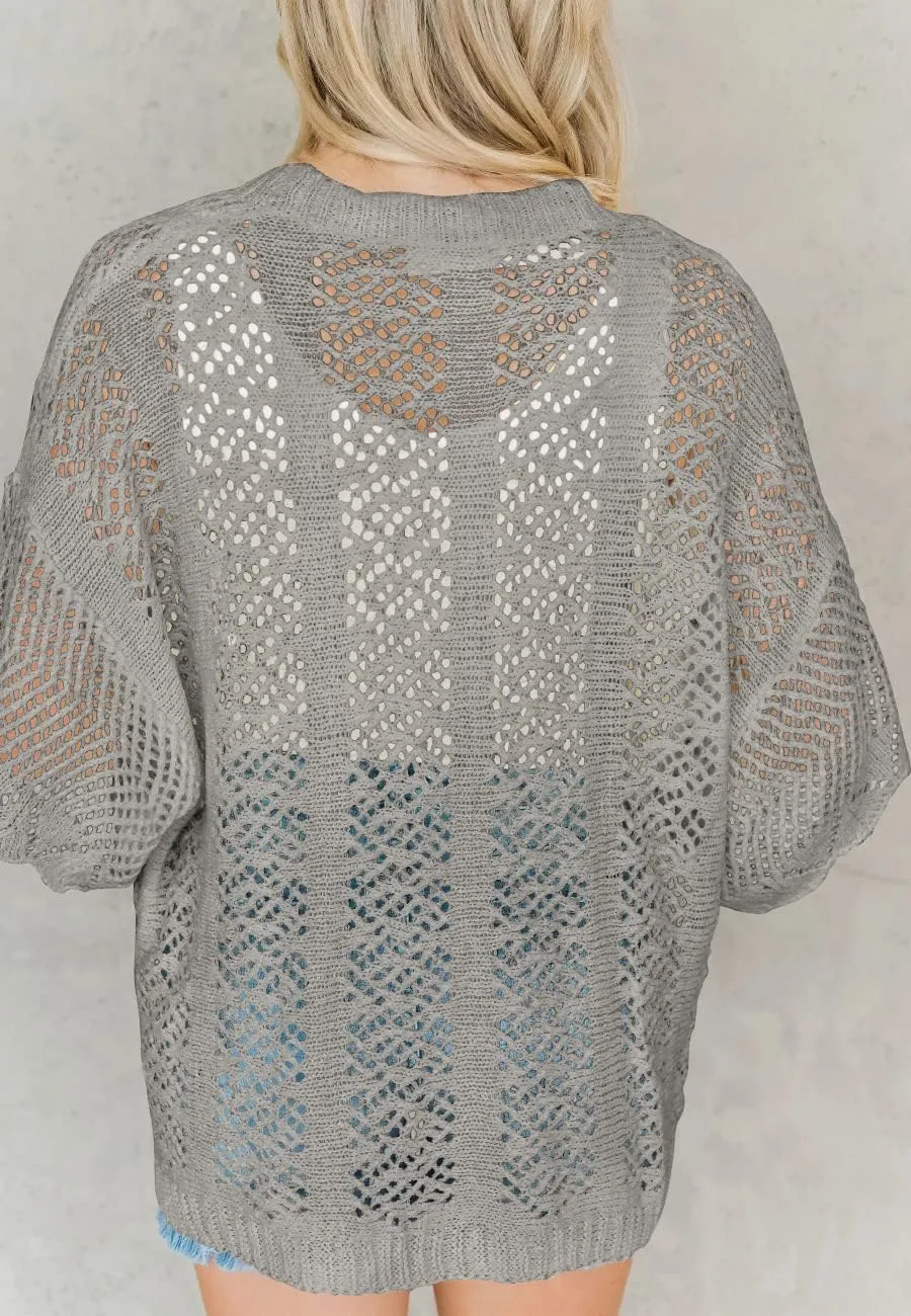 Coololi Women's Crochet Open Front Cardigan 3/4 Bell Sleeve Soft Oversized Knitted Sweater Outerwear Cover Up Coat