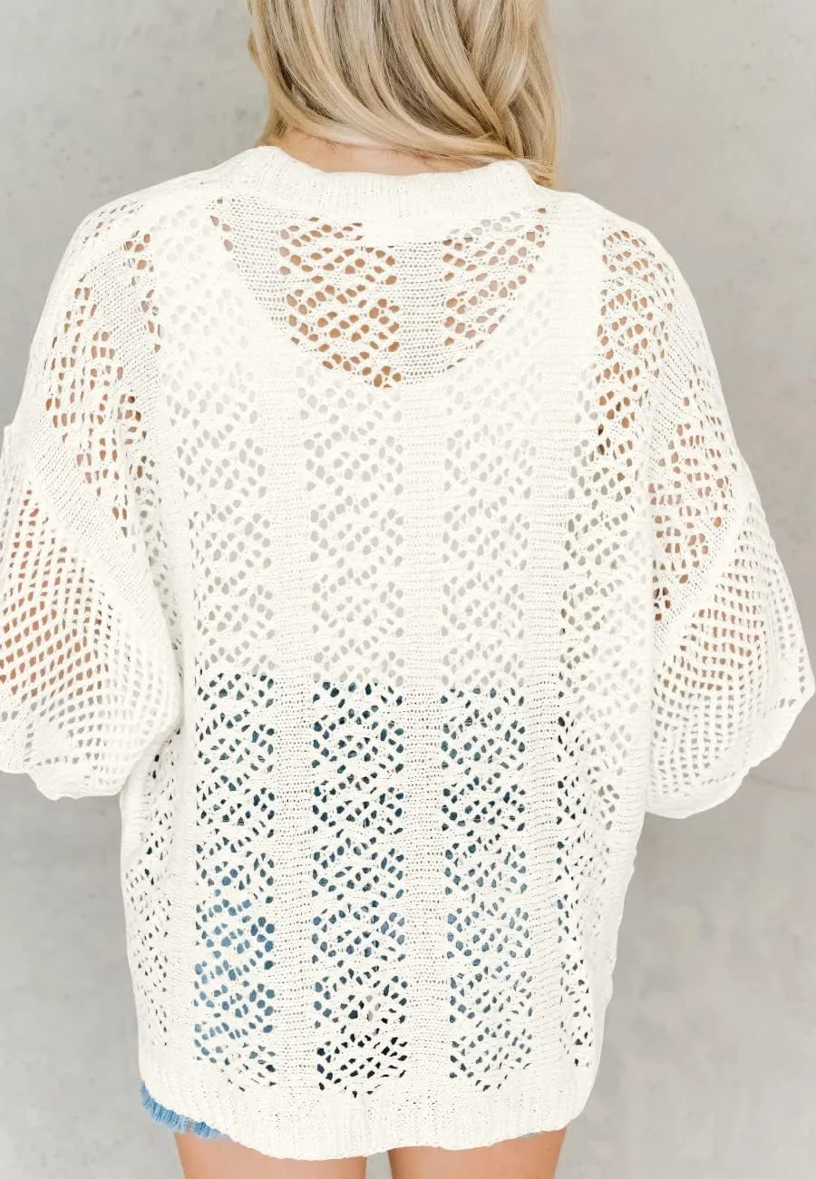 Coololi Women's Crochet Open Front Cardigan 3/4 Bell Sleeve Soft Oversized Knitted Sweater Outerwear Cover Up Coat