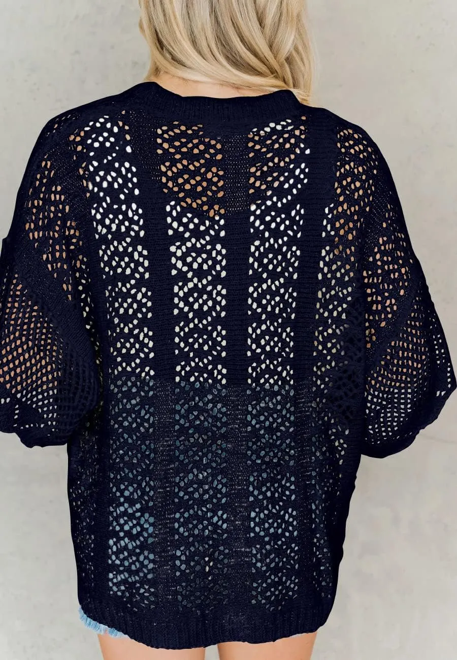 Coololi Women's Crochet Open Front Cardigan 3/4 Bell Sleeve Soft Oversized Knitted Sweater Outerwear Cover Up Coat