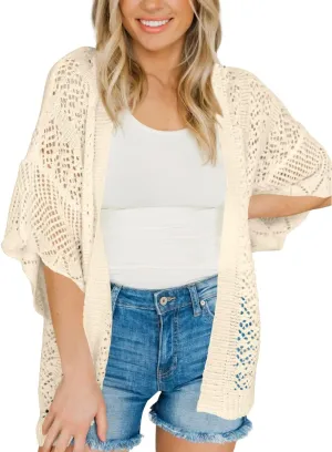 Coololi Women's Crochet Open Front Cardigan 3/4 Bell Sleeve Soft Oversized Knitted Sweater Outerwear Cover Up Coat